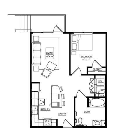 Floor plan for 1 bed, 1 bath, 720 sqft